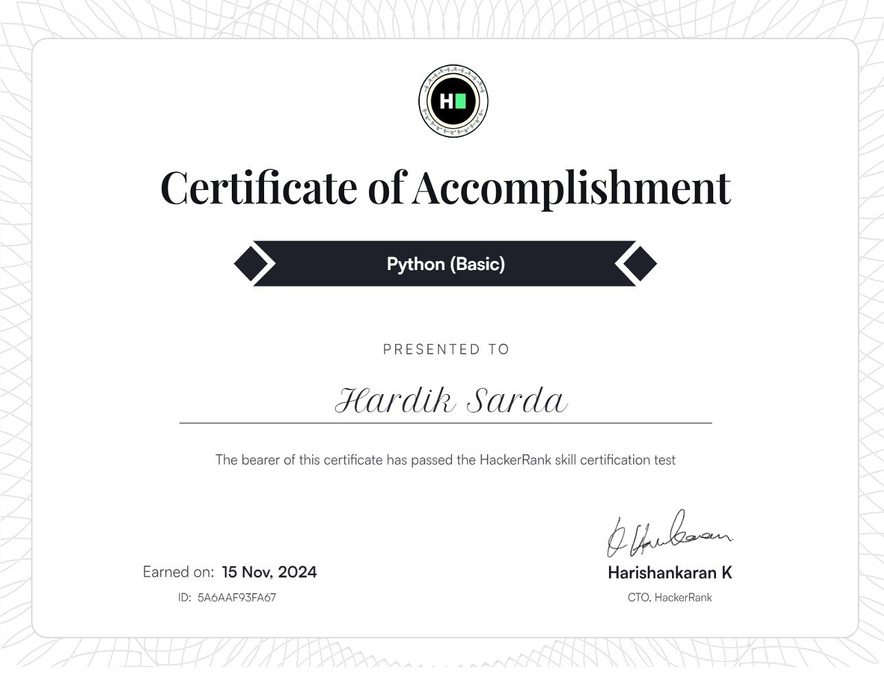 Python (Basic) skill certification certificate