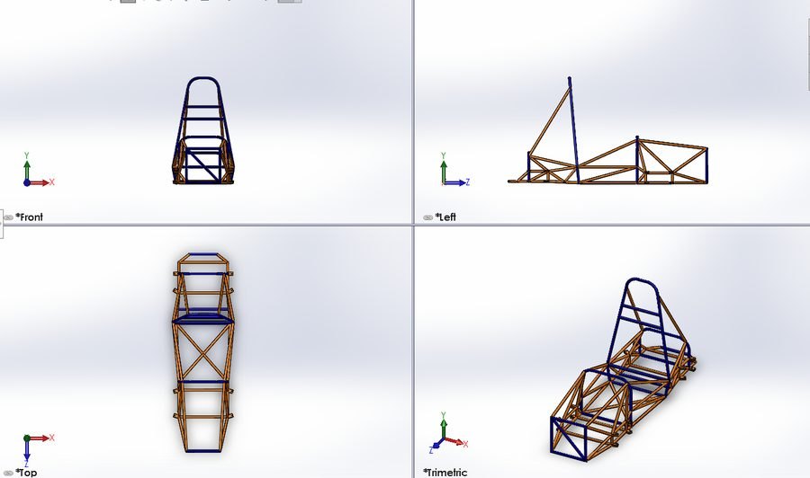 Front, top, side and isometric views of the frame