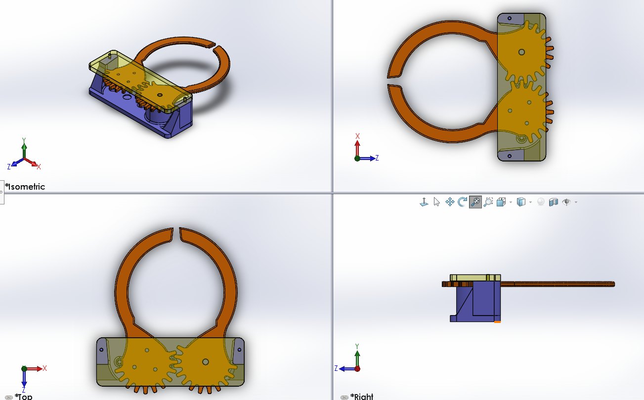 Gripper · isometric, side, top and right views showing the gear train
