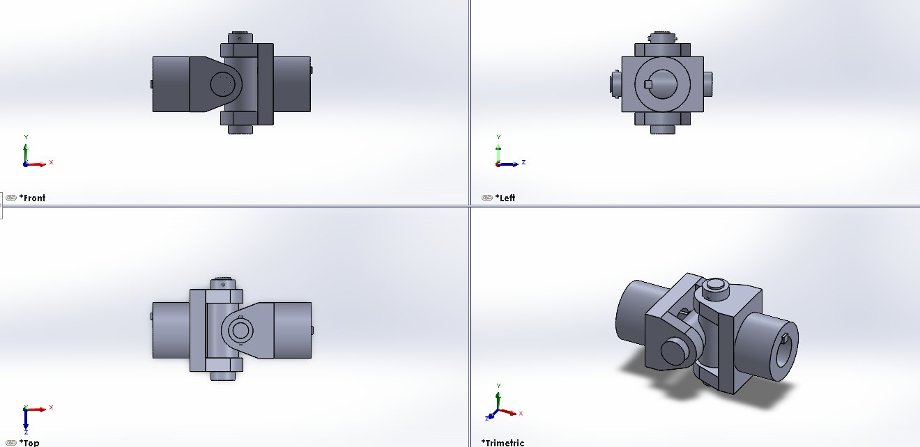 Universal joint · front, left, top and trimetric views